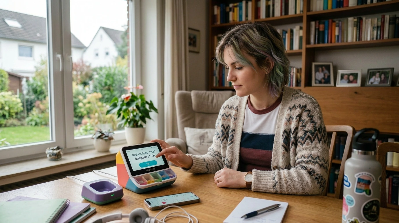 Frau bedient zuhause einen Medikamentenspender mit Touchdisplay