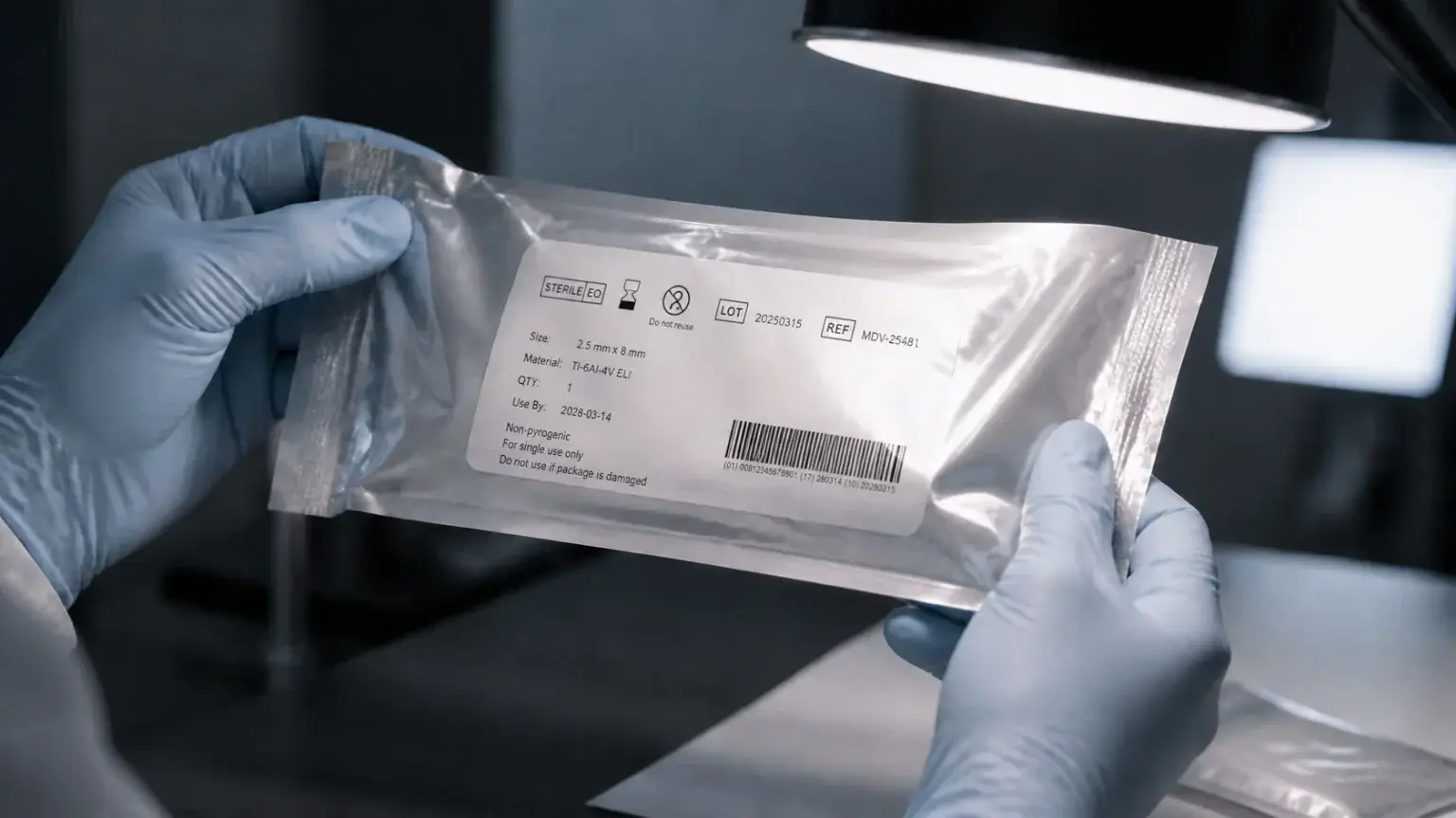 Hände mit Handschuhen halten eine sterile Medizinprodukteverpackung, deren Label durch eine Lichtspiegelung teilweise schwer lesbar ist